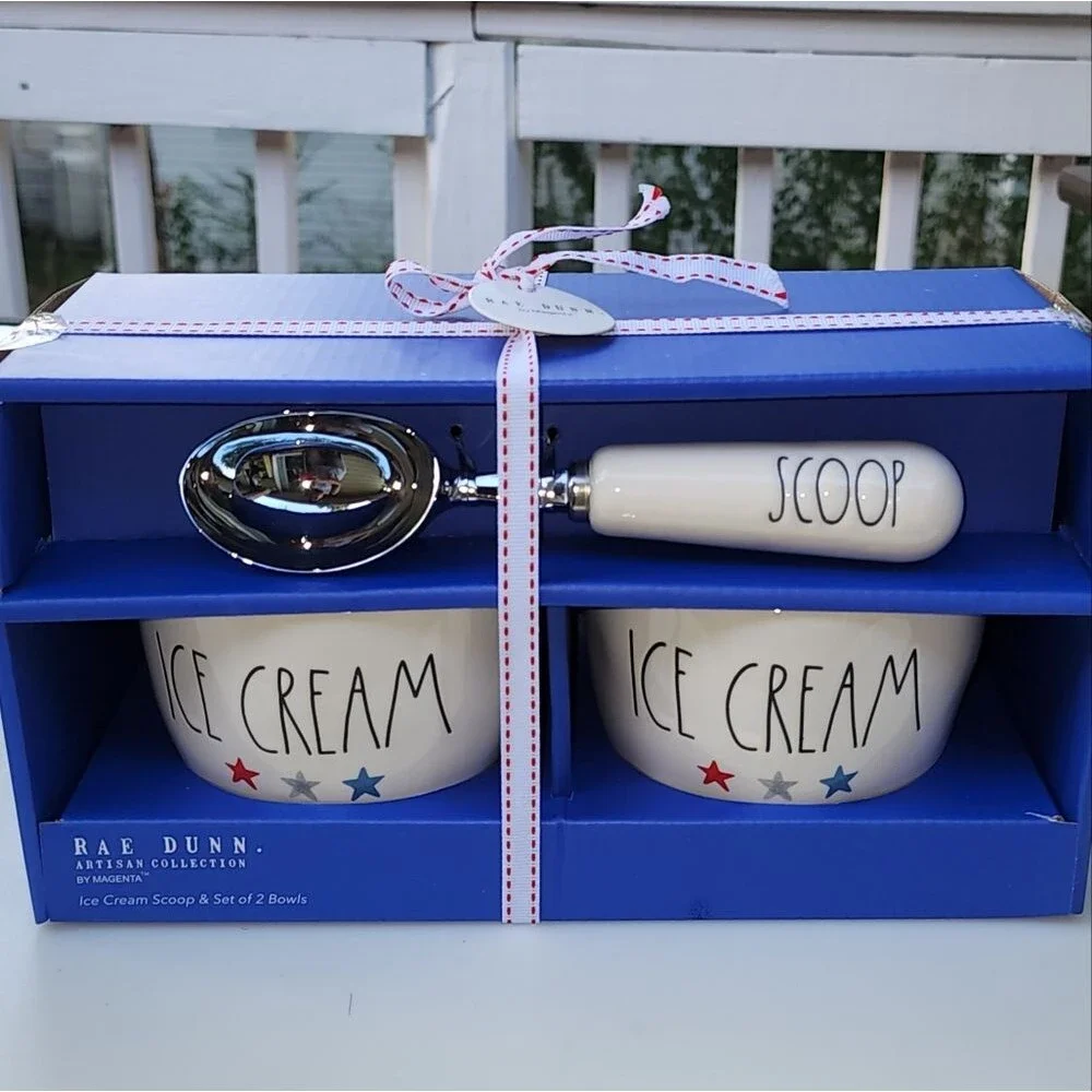 Rae Dunn Ice Cream Scoop And Two Ceramic Bowls Set‎ of Three pc